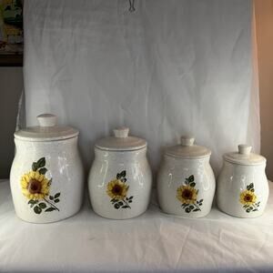 Large Vintage Stoneware Canister Set Sunflowers On Blue Speckled Stoneware
